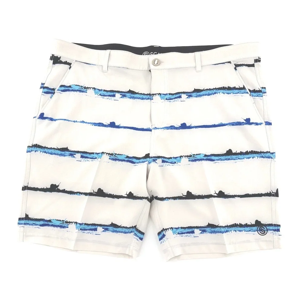 Scales White with Black/Blue Marlin Stripe Performance Fishing Shorts Mens40